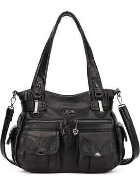 Women's Black PU Leather Multi-Pocket Hobo Tote Handbag Shoulder Bag